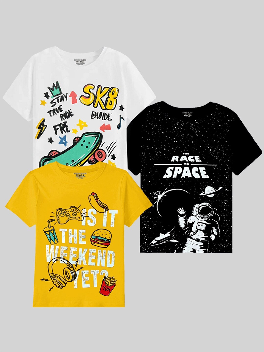 

KUCHIPOO Boys Pack Of 3 Typography Printed Round Neck Cotton T-shirts, Yellow