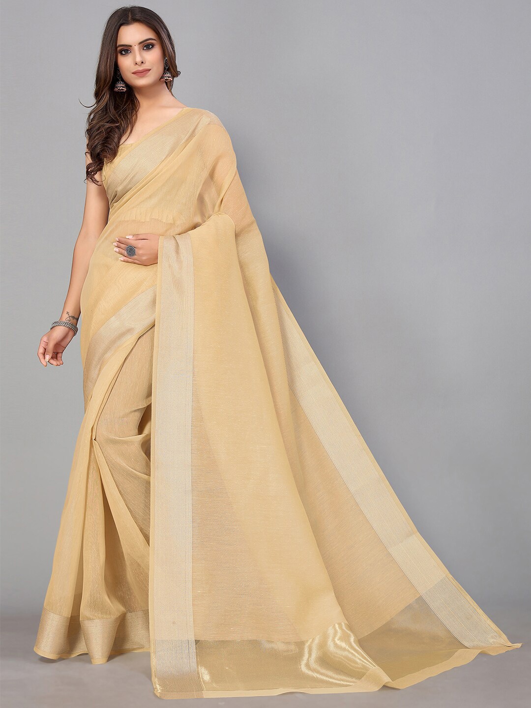 

GORGONE Sheer Zari Saree, Beige