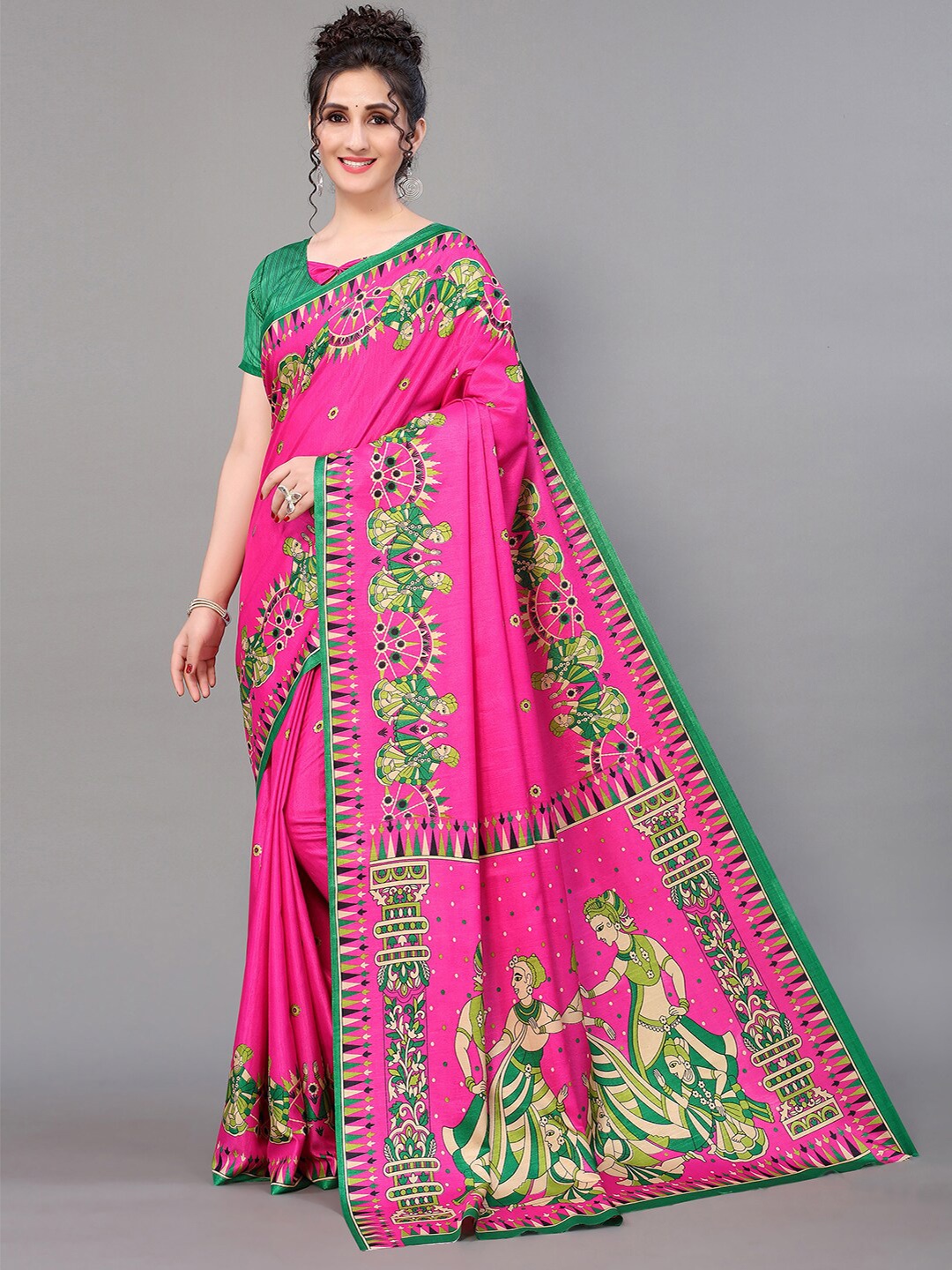 

GORGONE Ethnic Motif Printed Silk Blend Saree With Blouse Piece, Pink