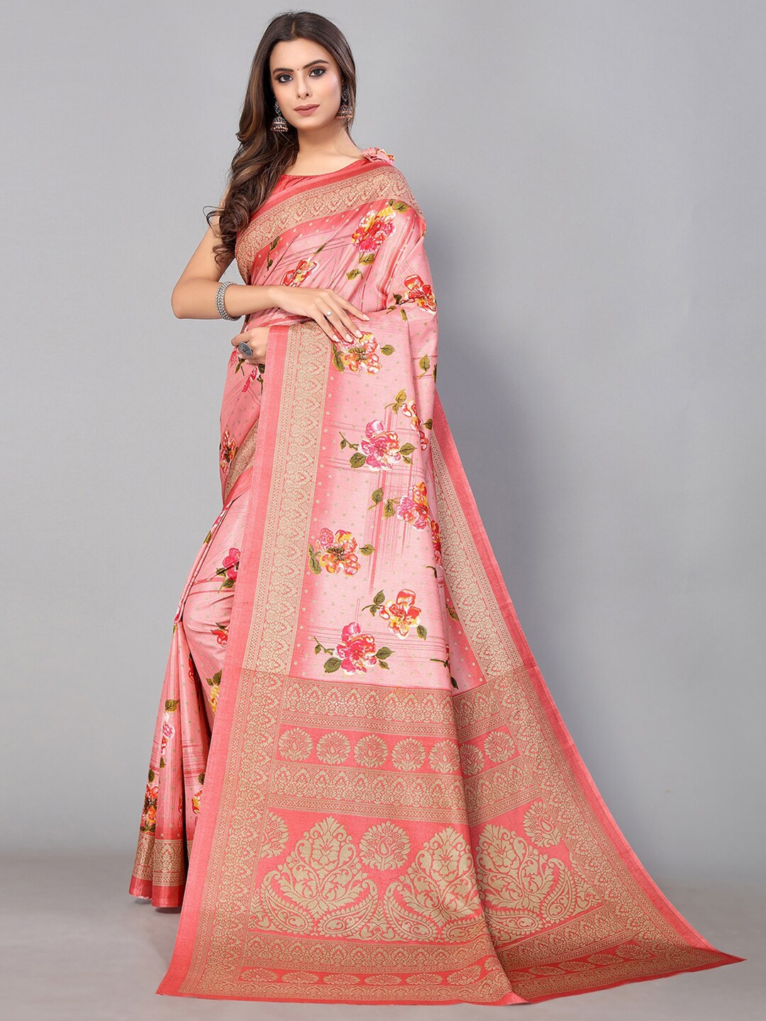 

GORGONE Floral Printed Silk Blend Saree With Blouse Piece, Pink