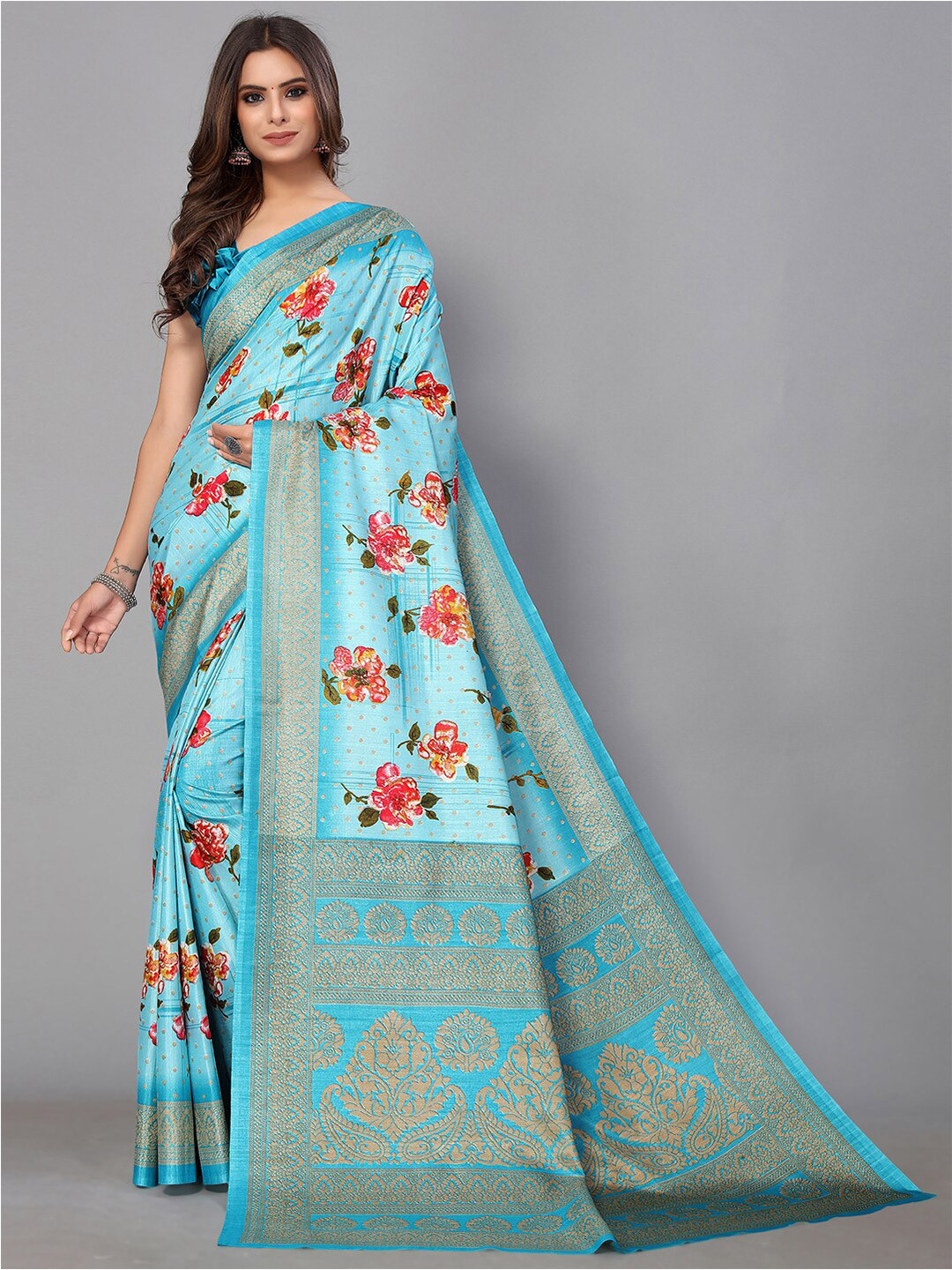 

GORGONE Floral Printed Silk Blend Saree, Blue