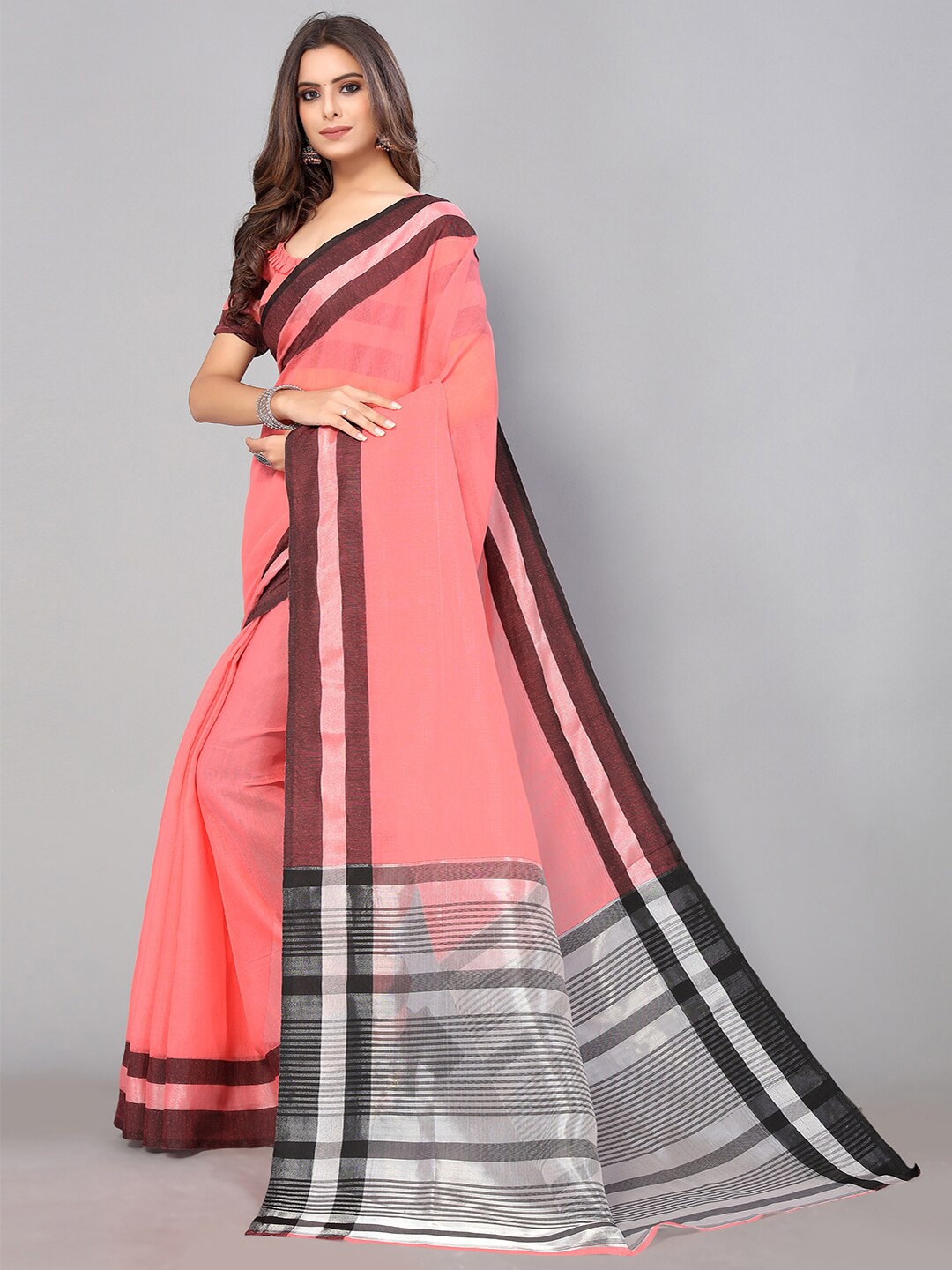 

GORGONE Cotton Saree With Blouse Piece, Pink