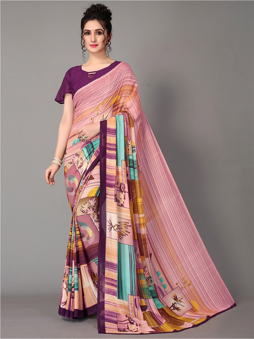 

GORGONE Abstract Printed Saree, Pink