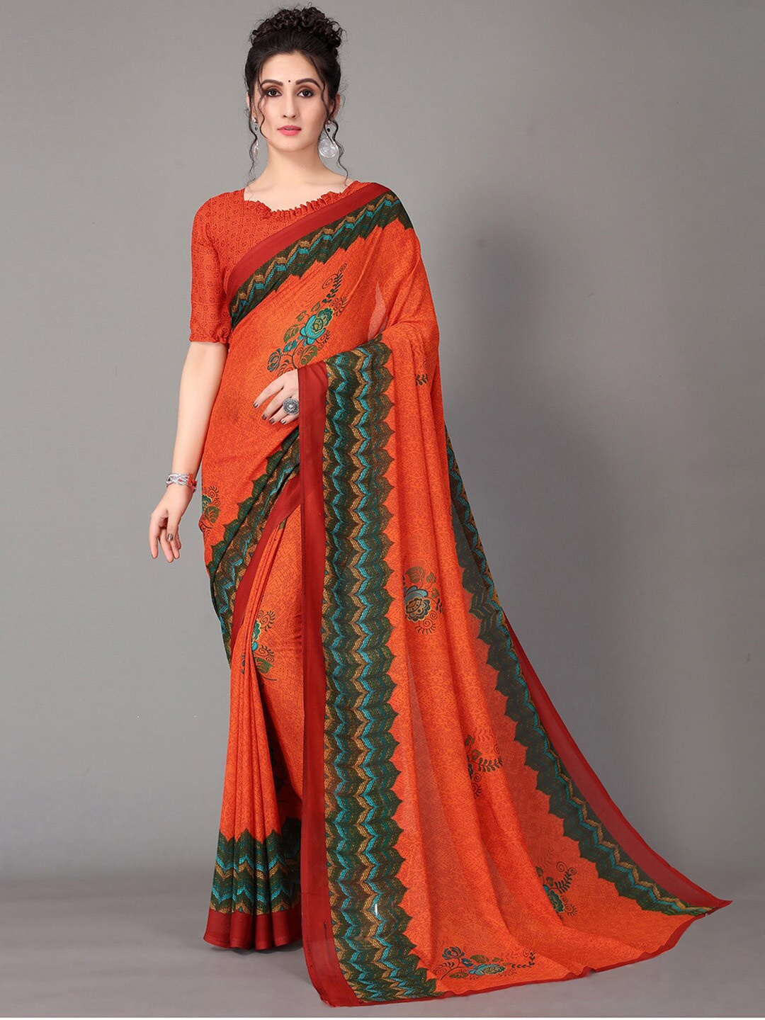 

GORGONE Floral Printed Saree, Orange