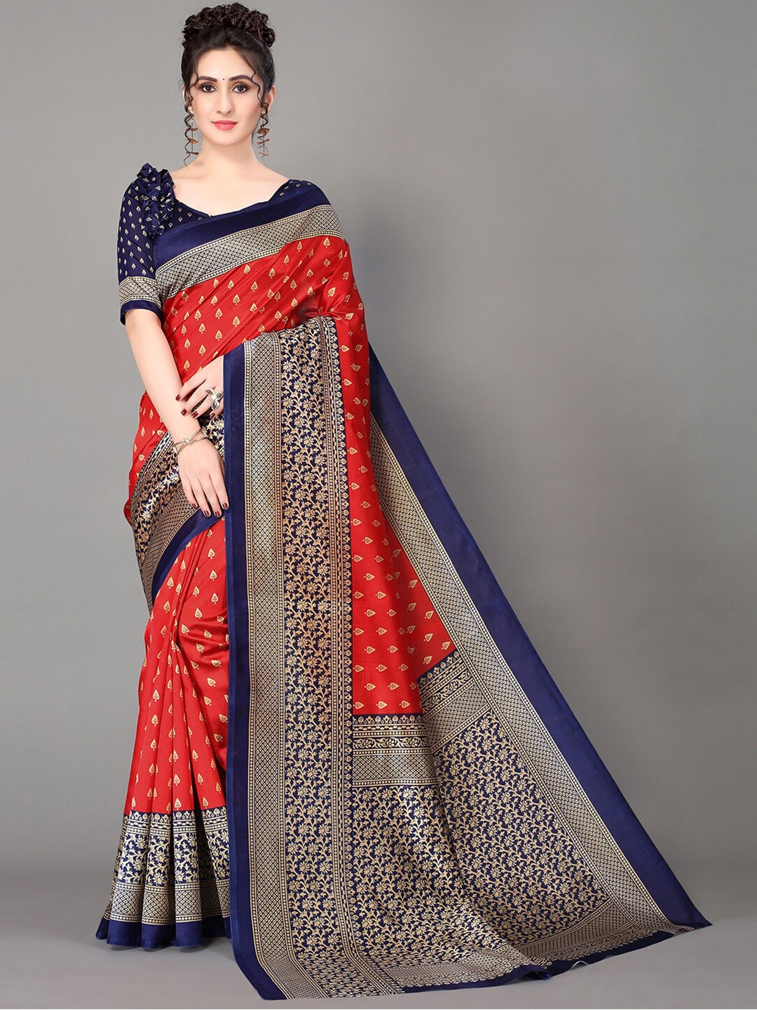 

GORGONE Ethnic Motifs Printed Silk Blend Saree, Red