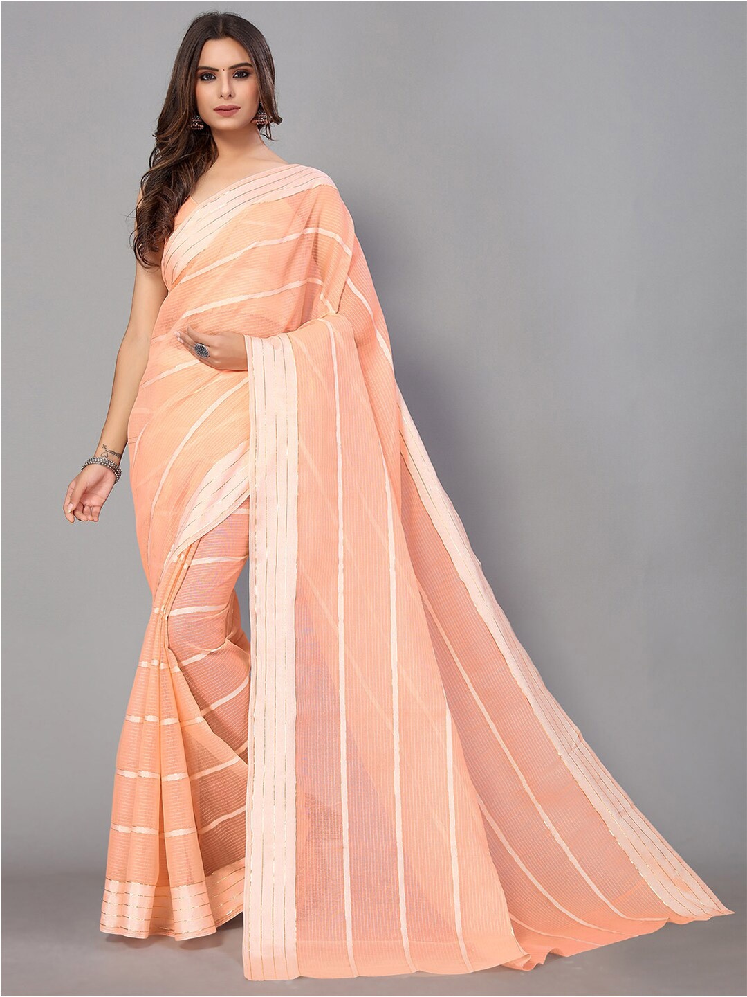 

GORGONE Sheer Striped Saree With Zari Border, Orange