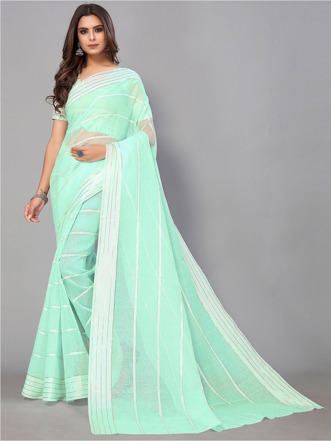 

GORGONE Sheer Striped Saree With Zari Border, Green