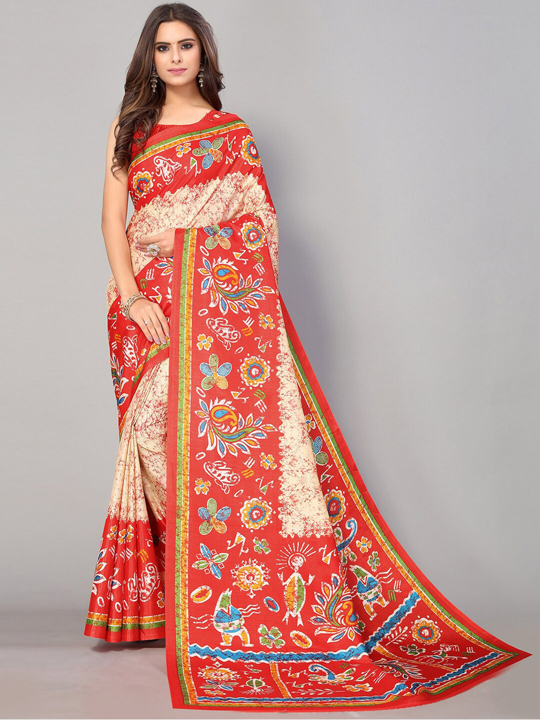 

GORGONE Floral Batik Printed Saree, Off white