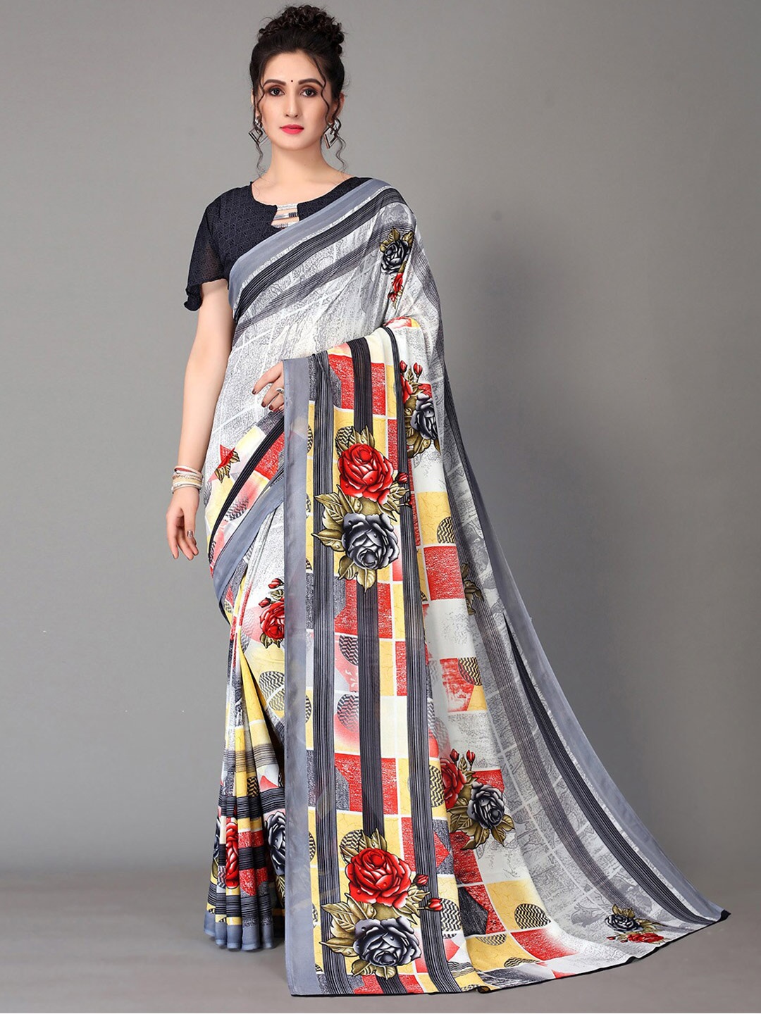 

GORGONE Floral Printed Saree, Grey