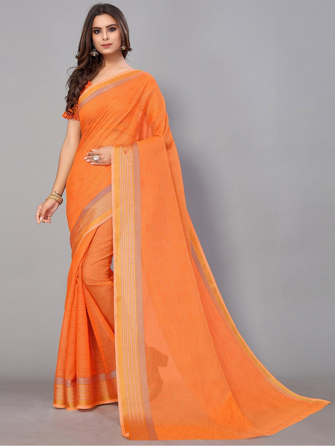 

GORGONE Striped Zari Cotton Blend Saree, Orange