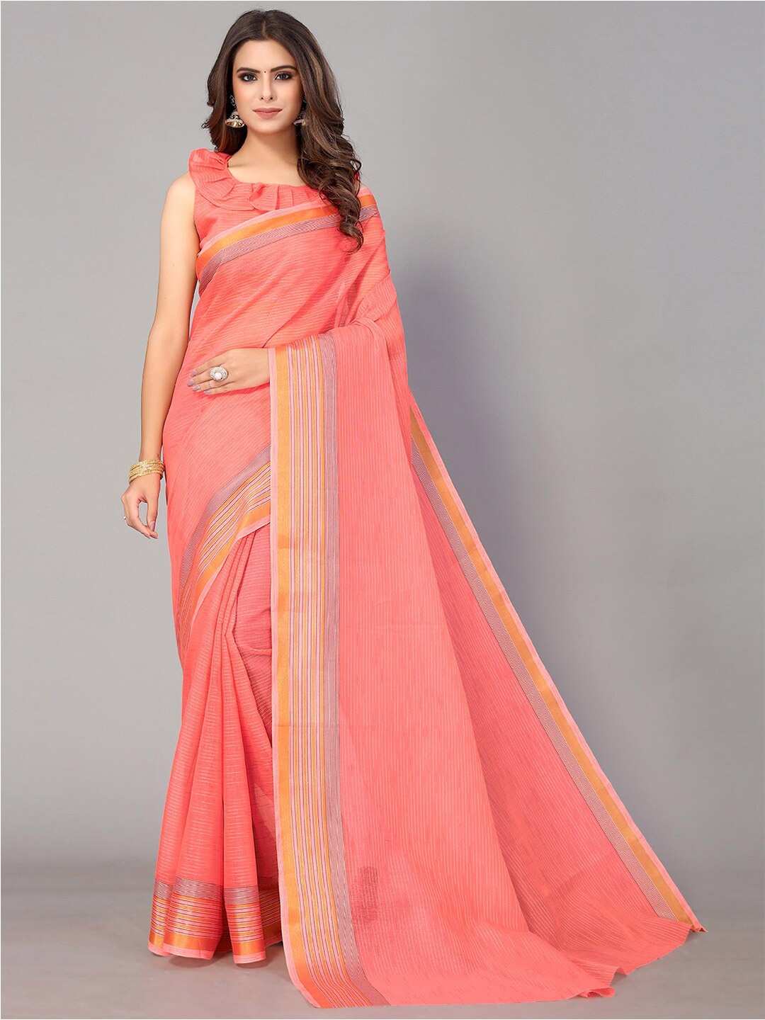 

GORGONE Pink & Orange Striped Saree