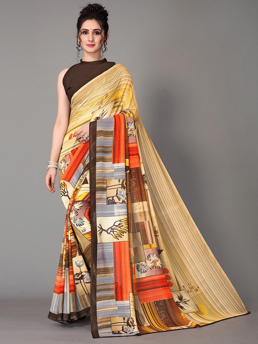 

GORGONE Abstract Printed Poly Georgette Saree, Beige