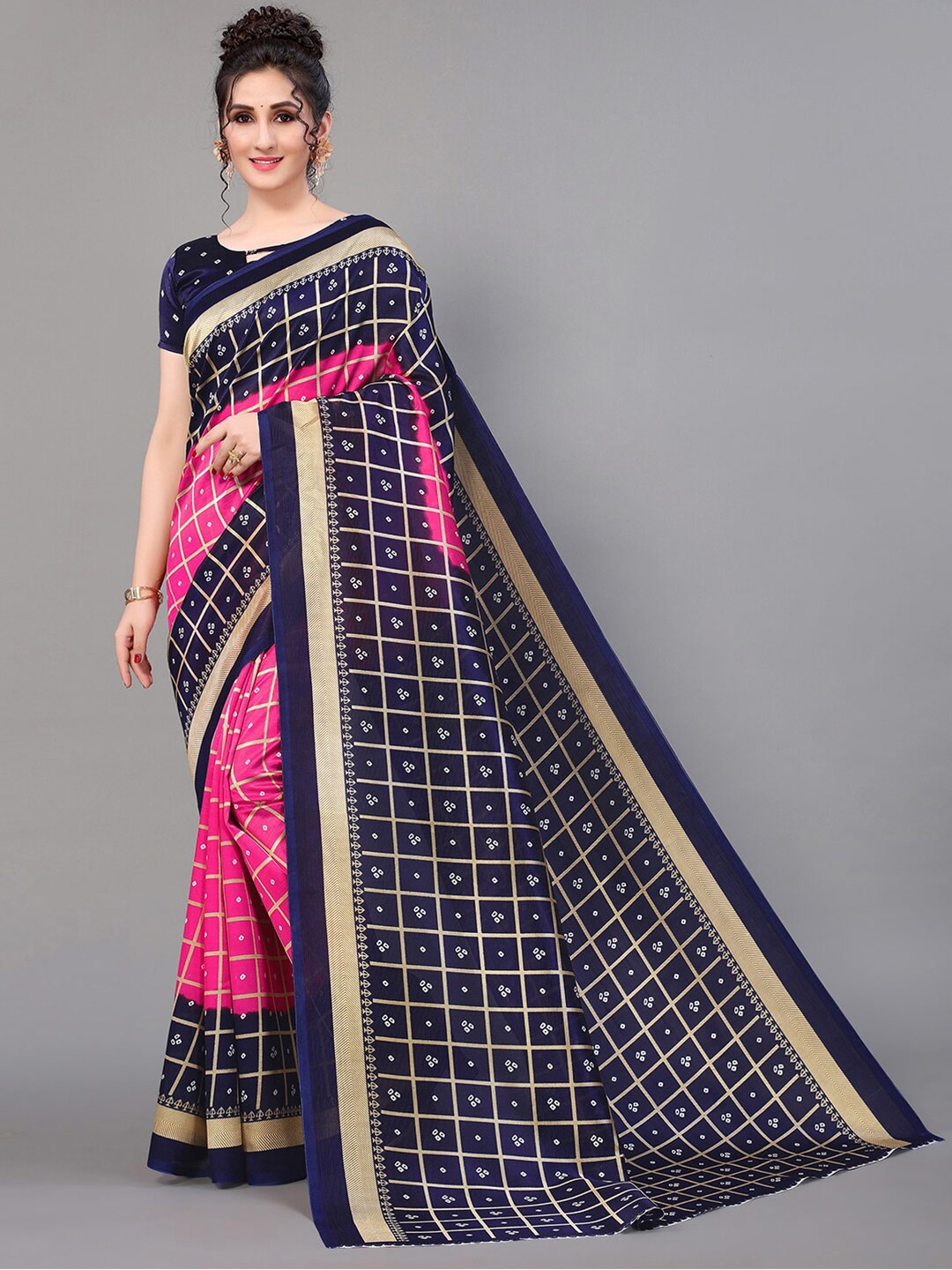 

GORGONE Bandhani Silk Blend Saree With Blouse Piece, Pink