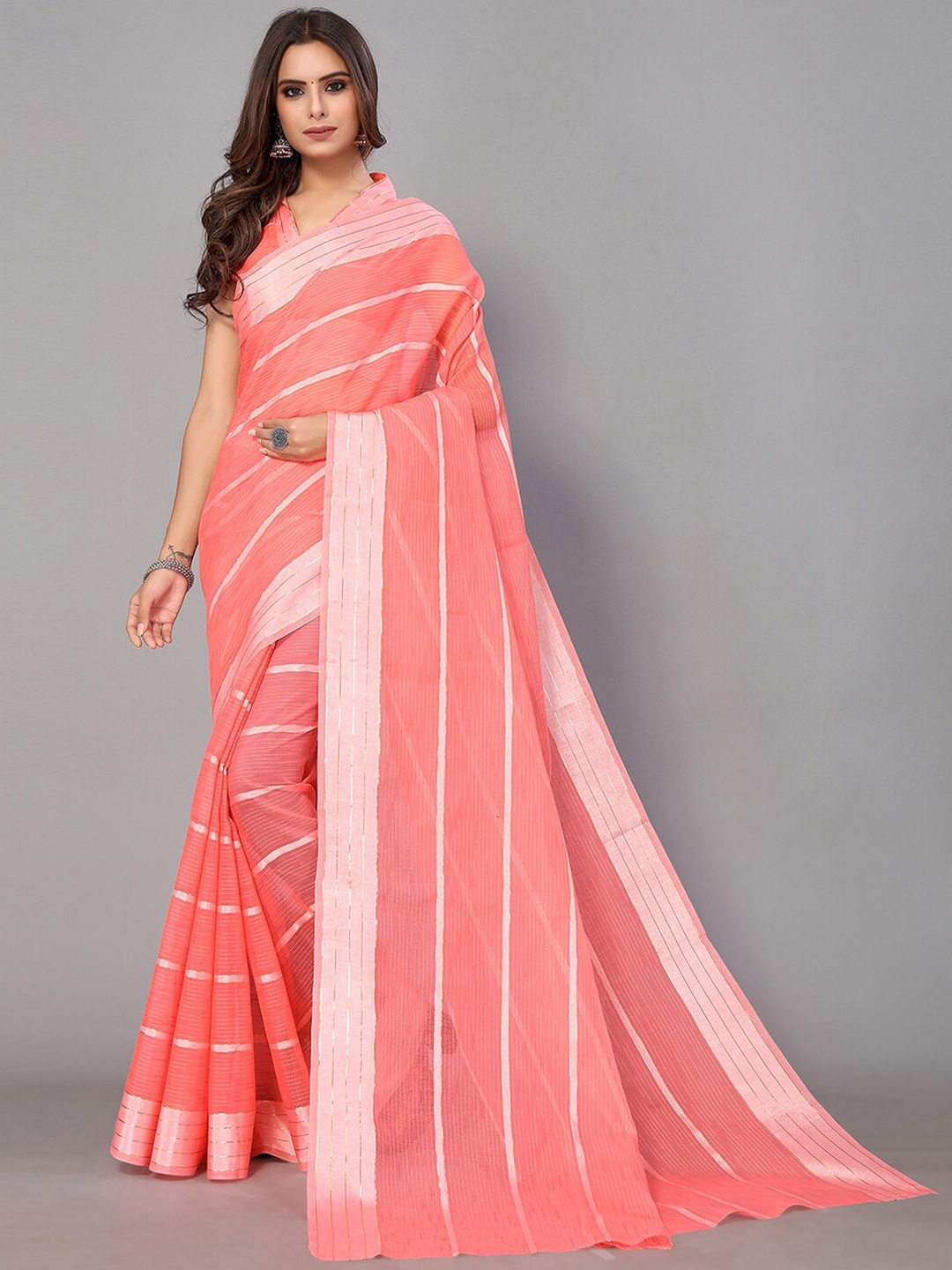 

GORGONE Orange & Gold-Toned Striped Zari Saree