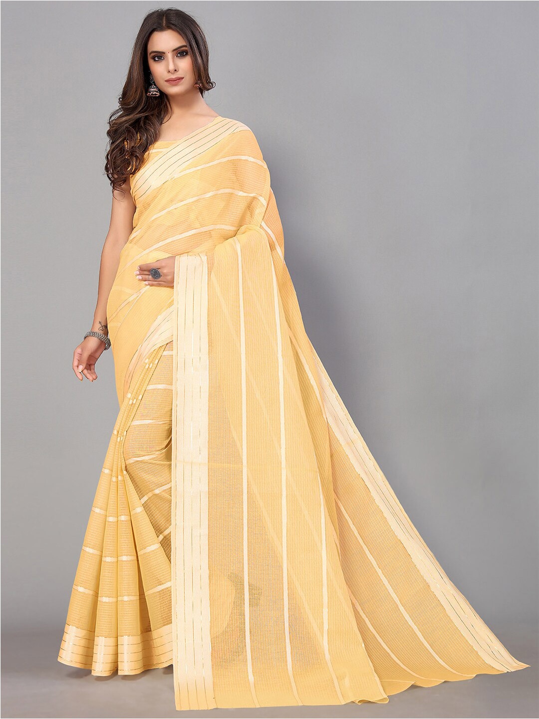 

GORGONE Striped Cotton Blend Saree, Beige