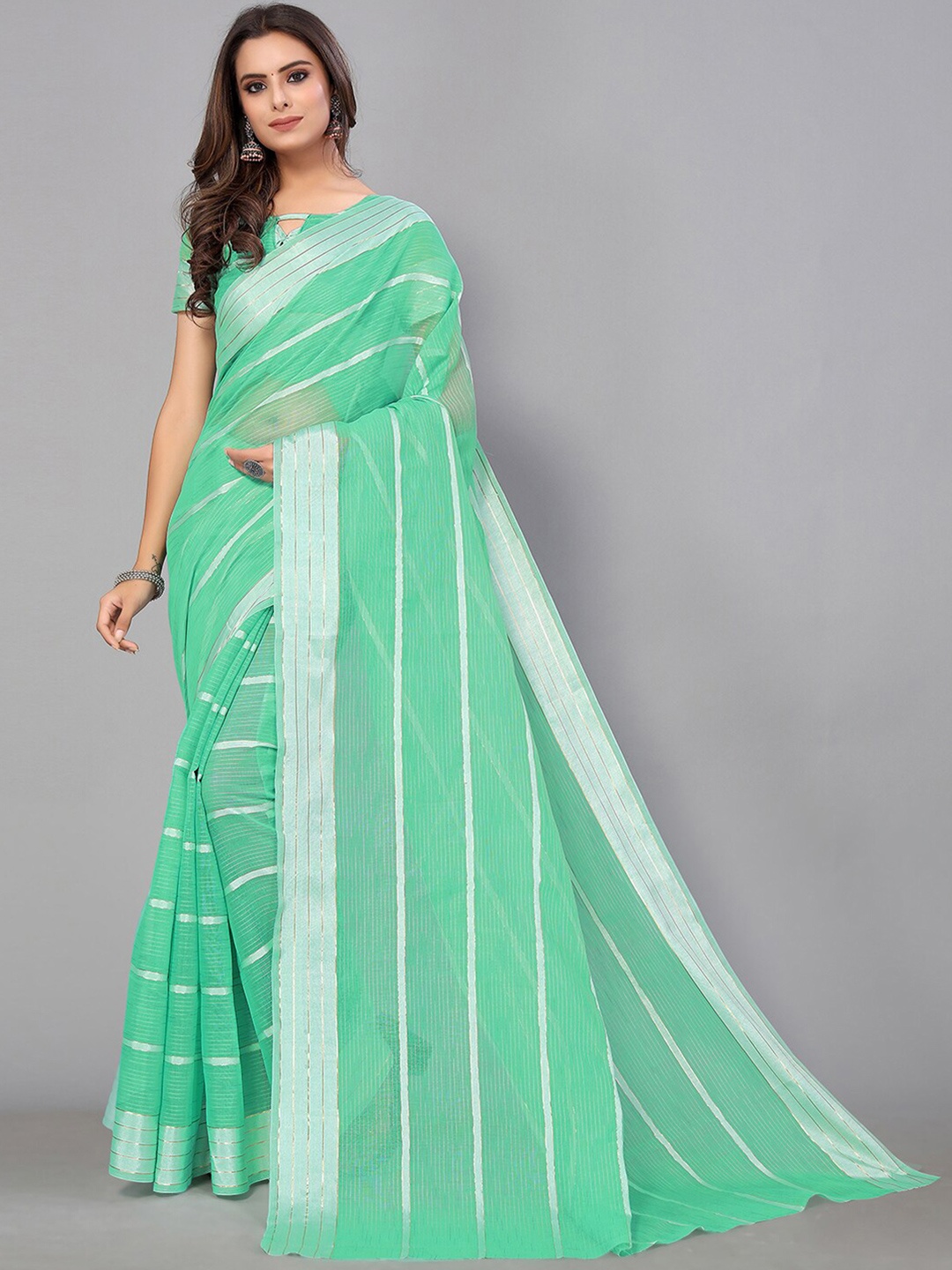 

GORGONE Sheer Striped Saree With Zari Border, Green