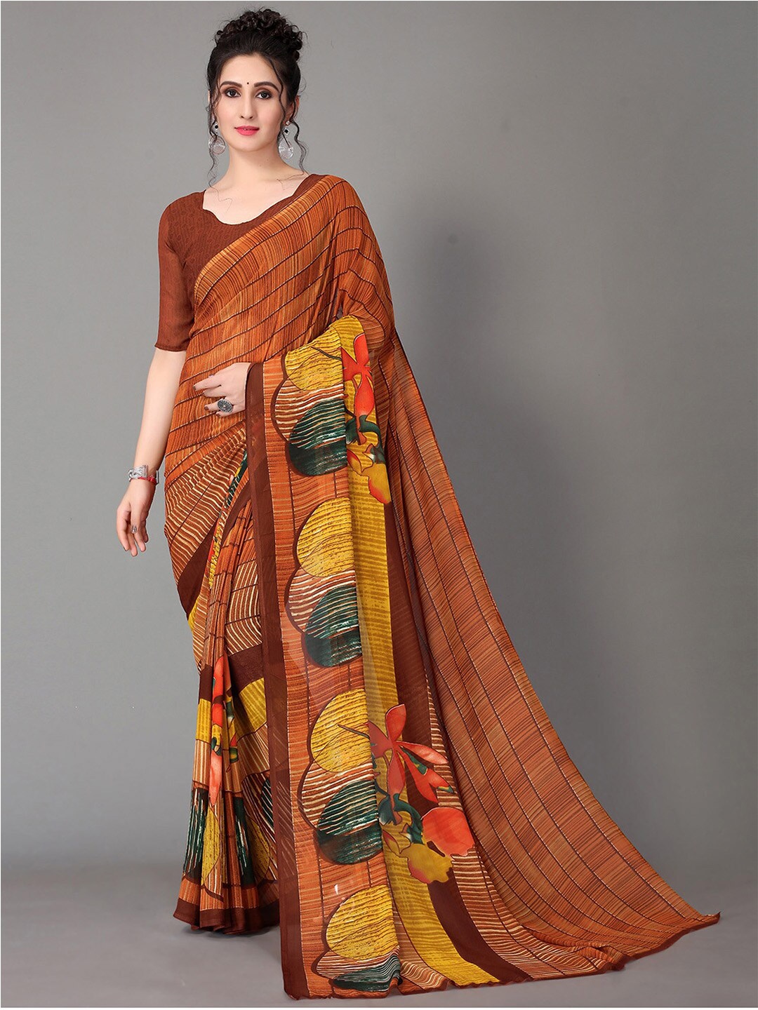 

GORGONE Orange & Green Striped Poly Georgette Saree