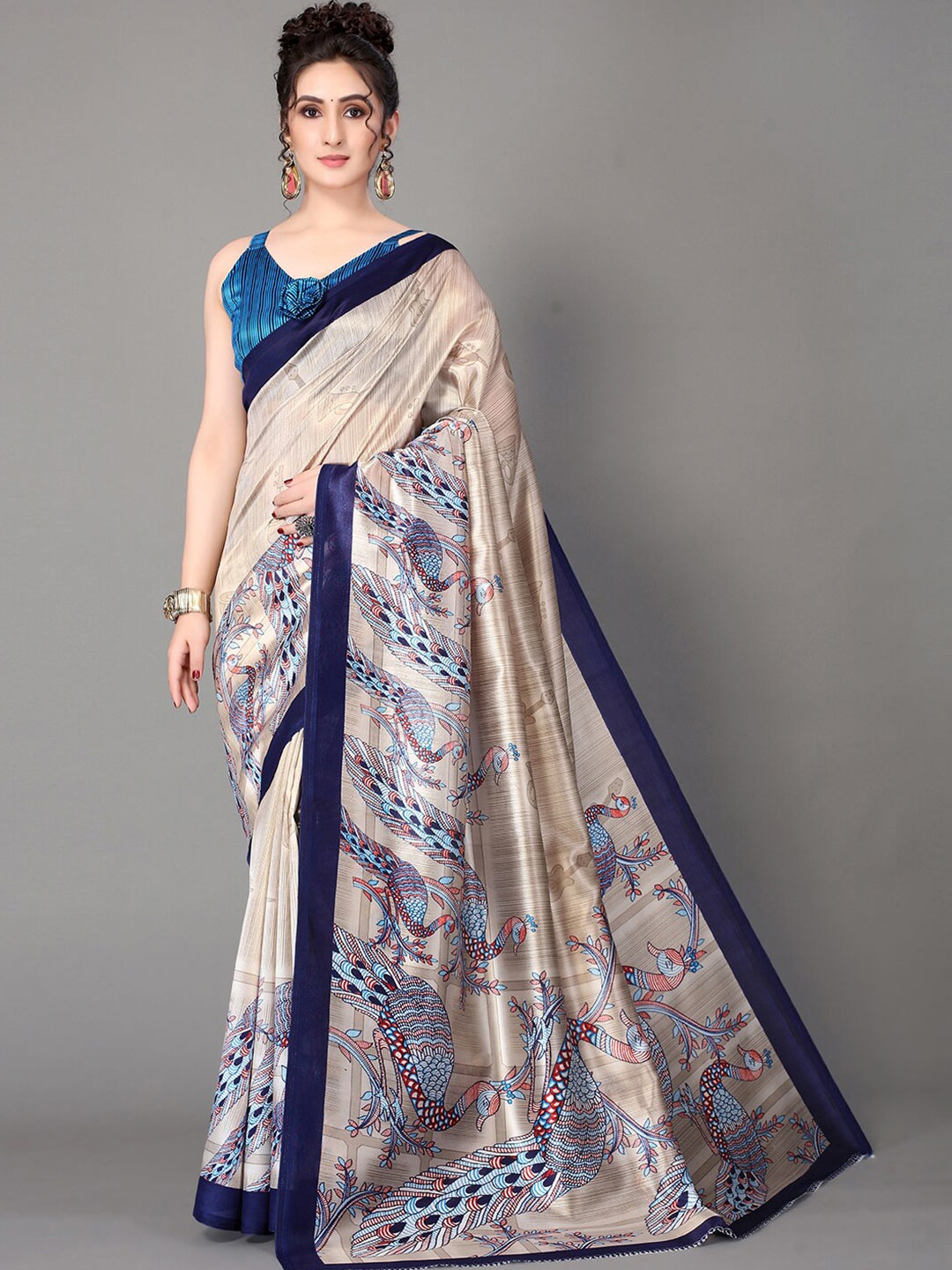 

GORGONE Ethnic Motifs Printed Silk Blend Saree, Beige