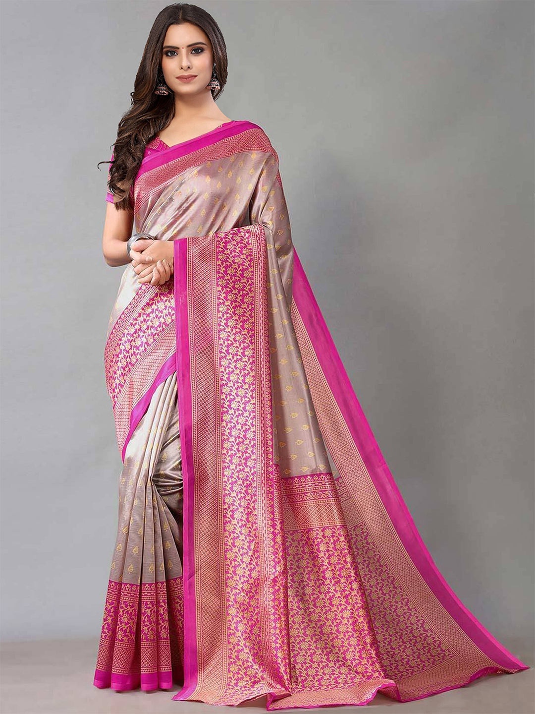 

GORGONE Ethnic Motifs Printed Silk Blend Saree, Grey