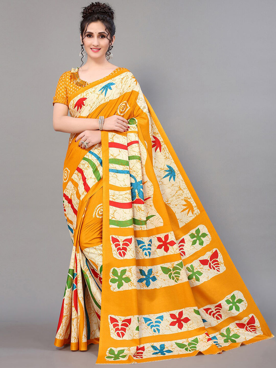 

GORGONE Abstract Printed Silk Blend Saree, Yellow