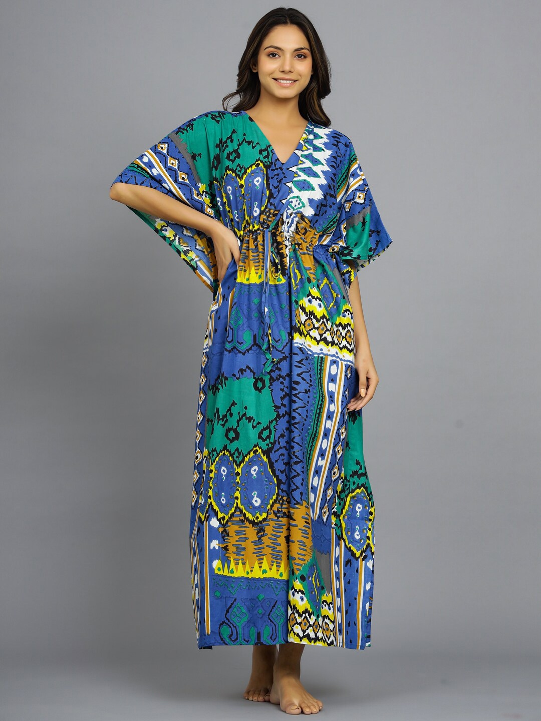 

HANDICRAFT PALACE Abstract Printed Pure Cotton Maxi Kaftan Nightdress, Blue