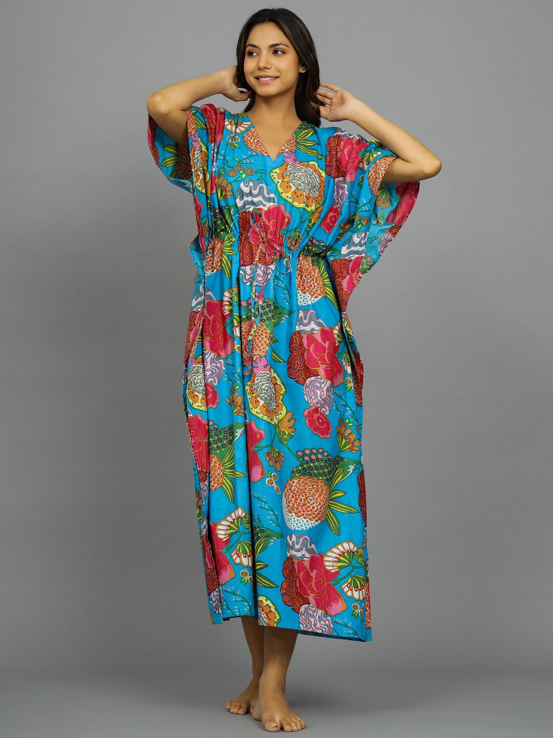 

HANDICRAFT PALACE Floral Printed Pure Cotton Maxi Kaftan Nightdress, Turquoise blue