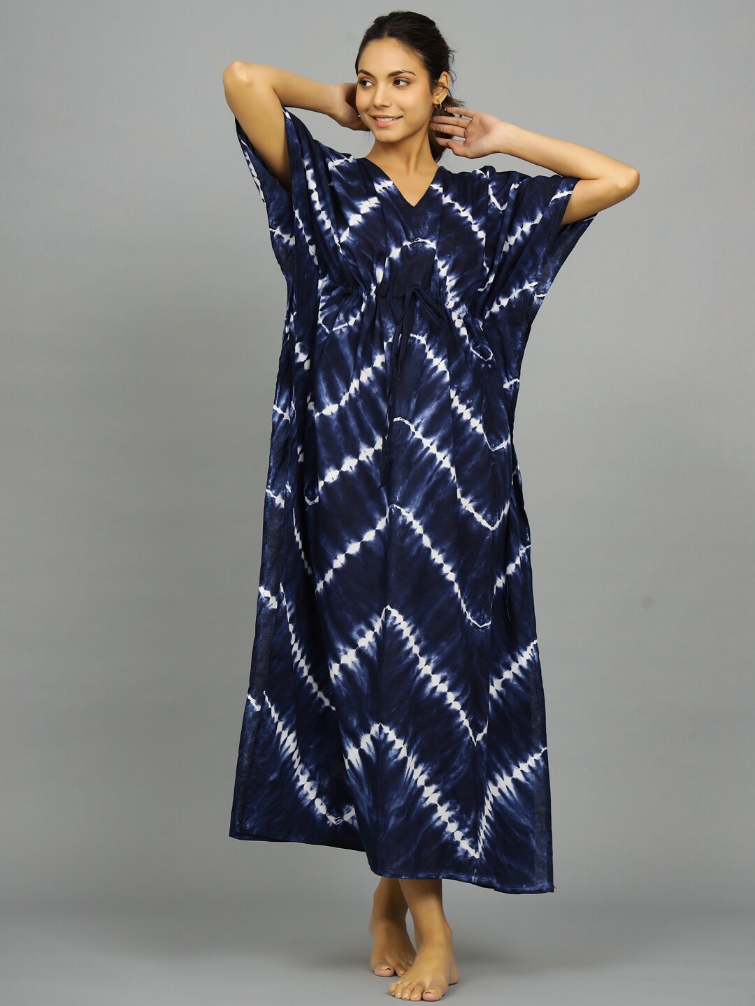 

HANDICRAFT PALACE Tie And Dye Printed Pure Cotton Kaftan Maxi Nightdress, Blue