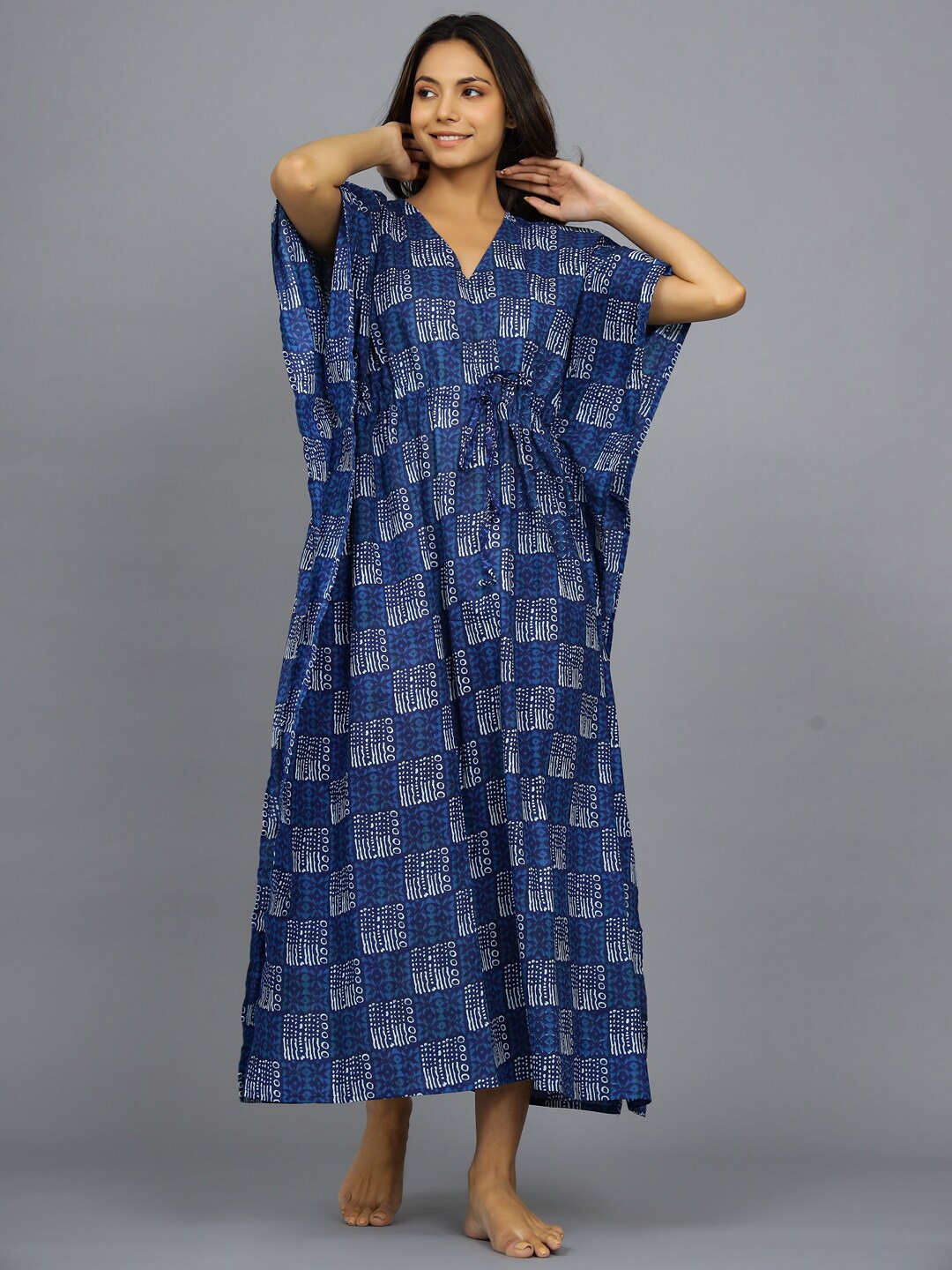 

HANDICRAFT PALACE Geometric Printed Pure Cotton Maxi Kaftan Nightdress, Blue