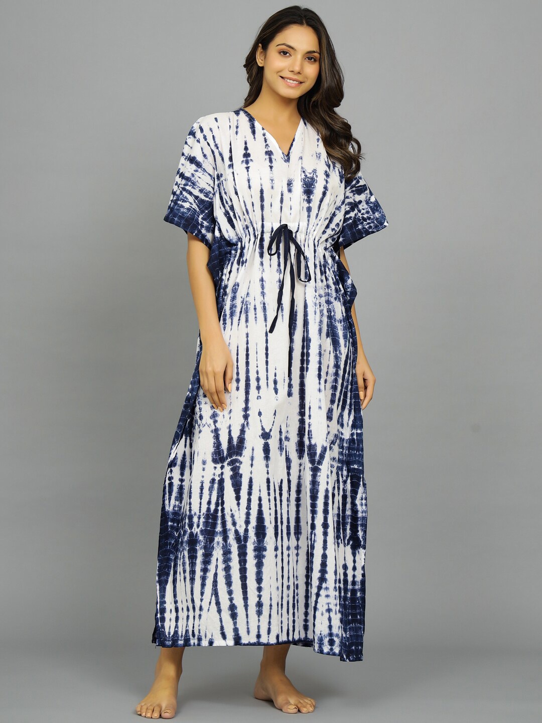 

HANDICRAFT PALACE Tie & Dye Printed Pure Cotton Maxi Kaftan Nightdress, Blue