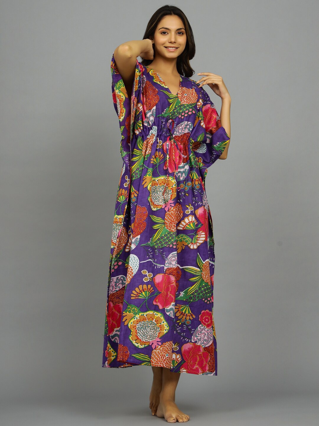 

HANDICRAFT PALACE Floral Printed Pure Cotton Kaftan Maxi Nightdress, Purple