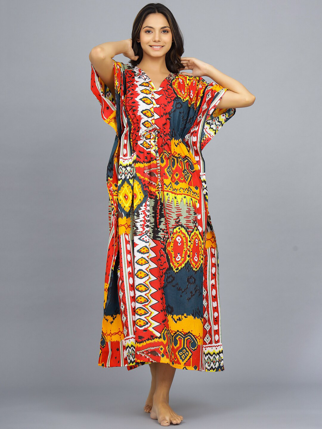 

HANDICRAFT PALACE Abstract Printed Pure Cotton Maxi Kaftan Nightdress, Red