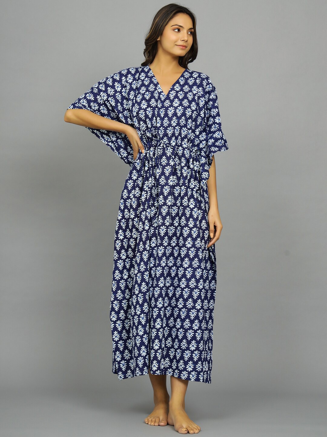 

HANDICRAFT PALACE Ethnic Motifs Printed Pure Cotton Kaftan Maxi Nightdress, Blue