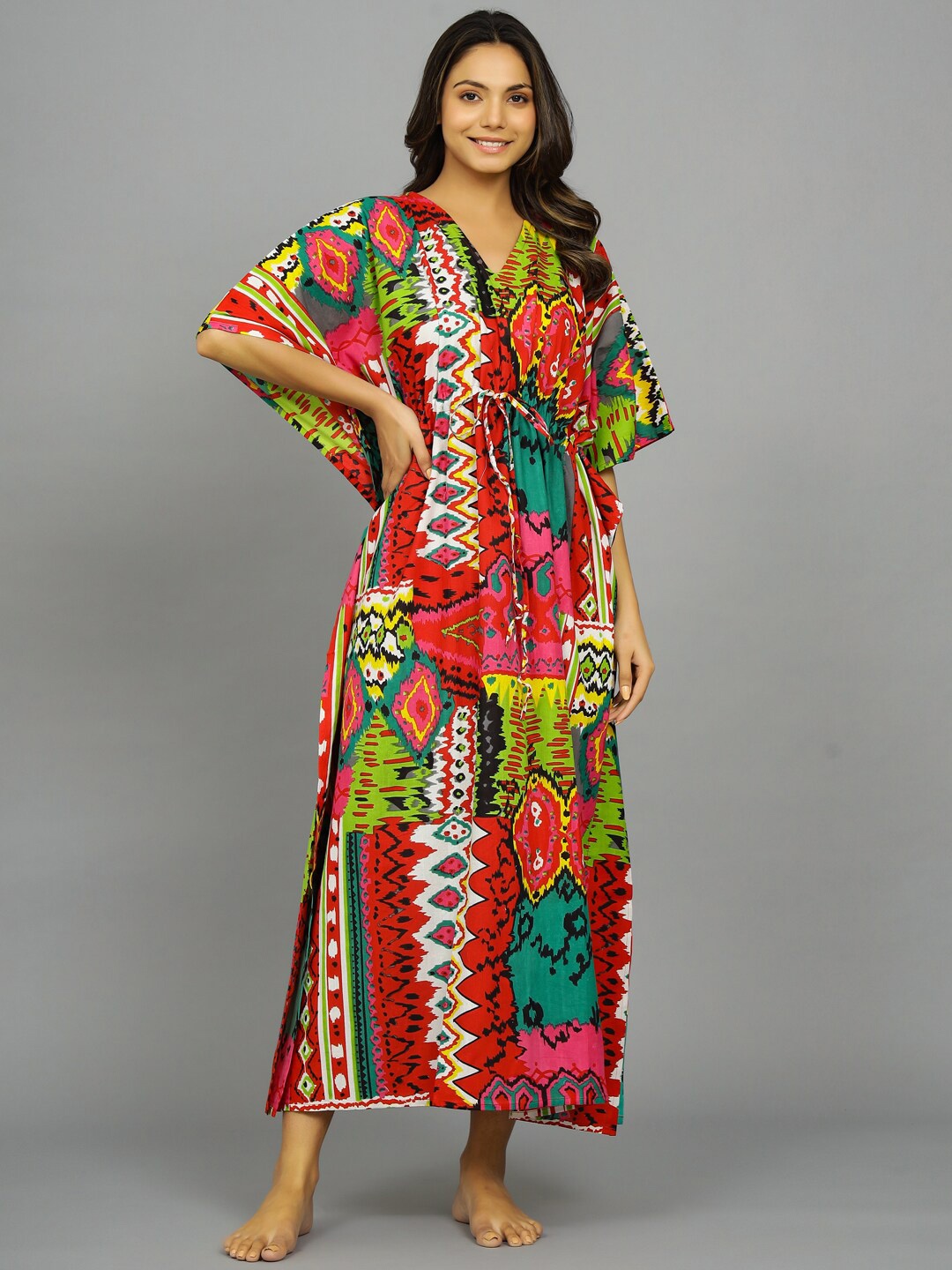 

HANDICRAFT PALACE Abstract Printed Pure Cotton Maxi Kaftan Nightdress, Pink