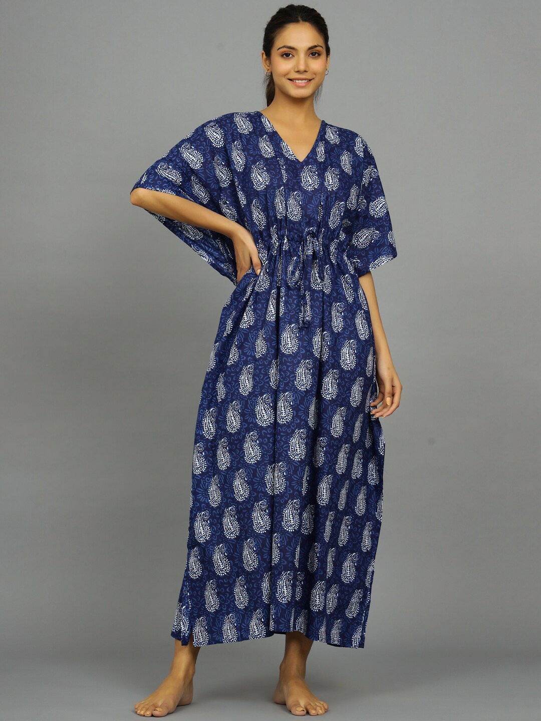 

HANDICRAFT PALACE Ethnic Motifs Printed Pure Cotton Maxi Kaftan Nightdress, Blue