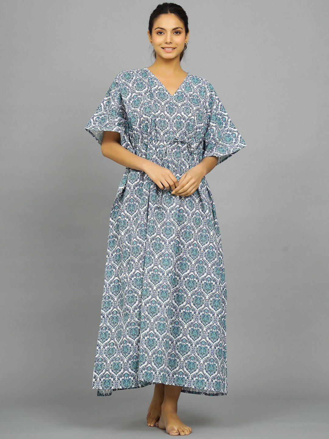 

HANDICRAFT PALACE Ethnic Motifs Printed Pure Cotton Maxi Kaftan Nightdress, Blue