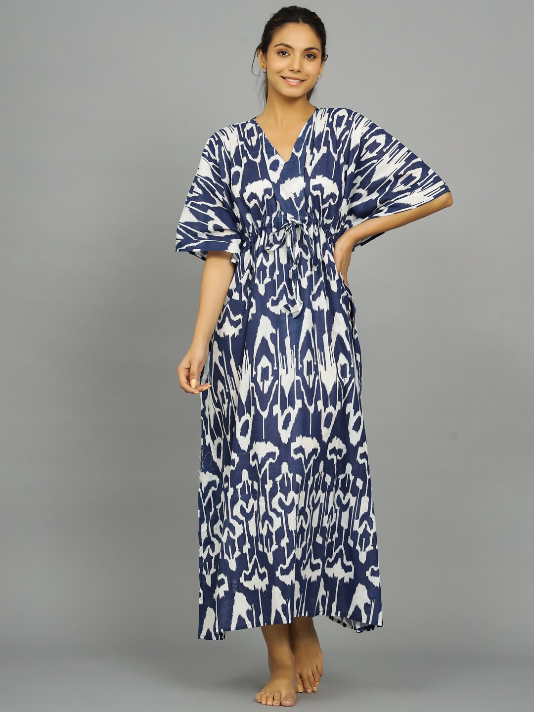 

HANDICRAFT PALACE Ethnic Motifs Printed Pure Cotton Kaftan Maxi Nightdress, Blue