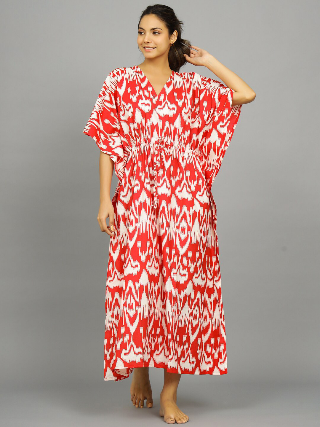 

HANDICRAFT PALACE Abstract Printed Pure Cotton Maxi Kaftan Nightdress, Red