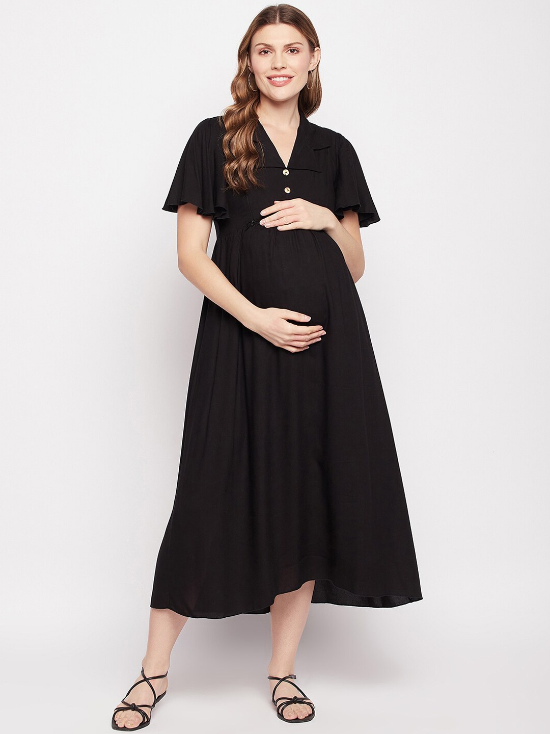 

NABIA Flared Sleeves Shirt collar Maternity Fit & Flare Maxi Ethnic Dress, Black