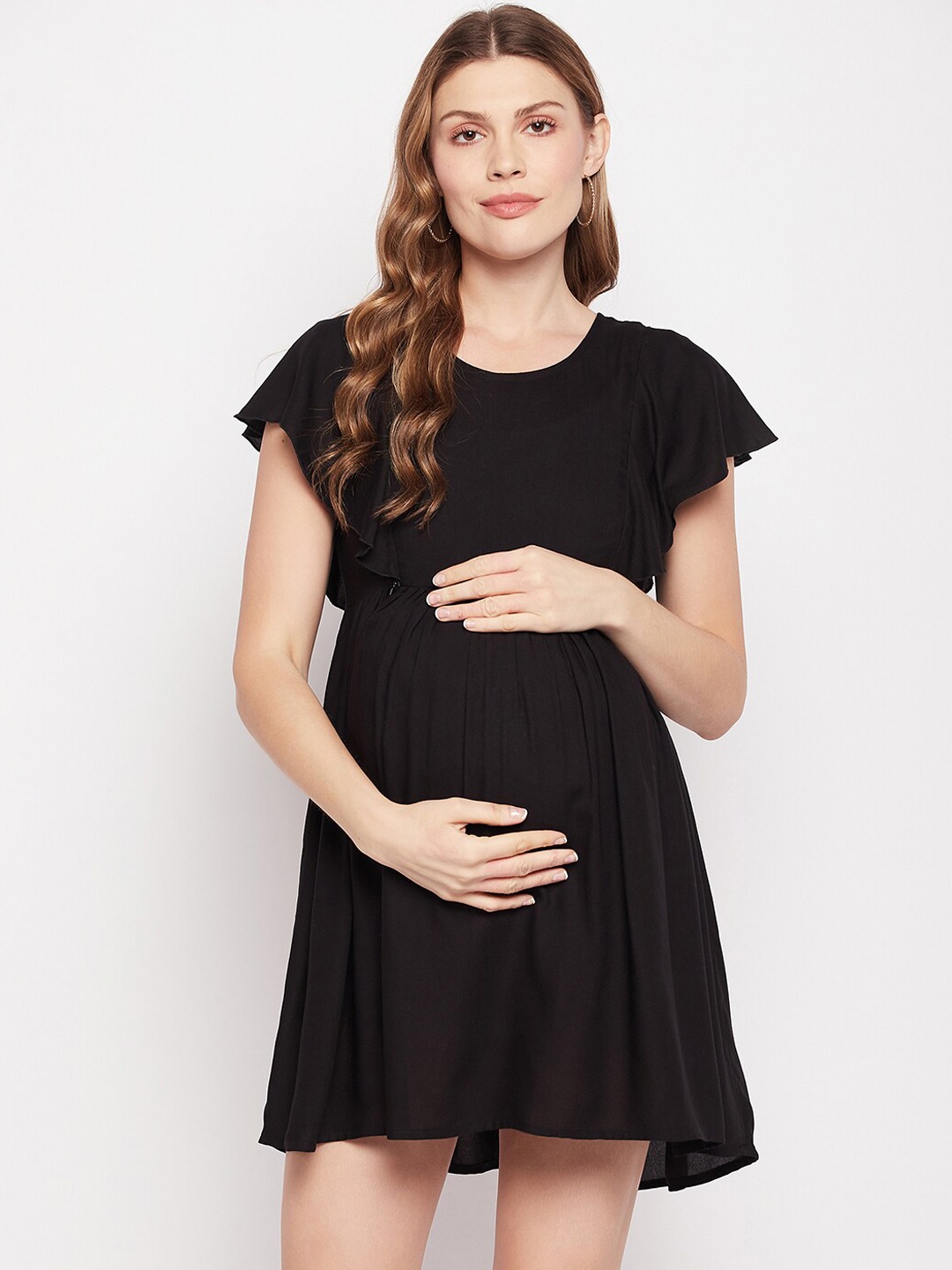 

NABIA Round Neck Flared Sleeves Fit & Flared Maternity Dress, Black