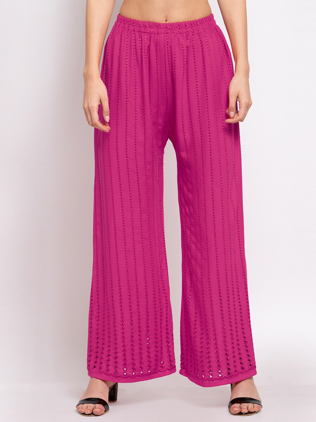

KLOTTHE Women Floral Embroidered Wide Leg Palazzo, Magenta