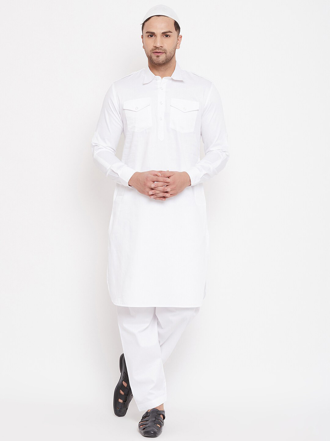 

VASTRAMAY Shirt Collar Pathani Kurta & Pyjama With Cap, White