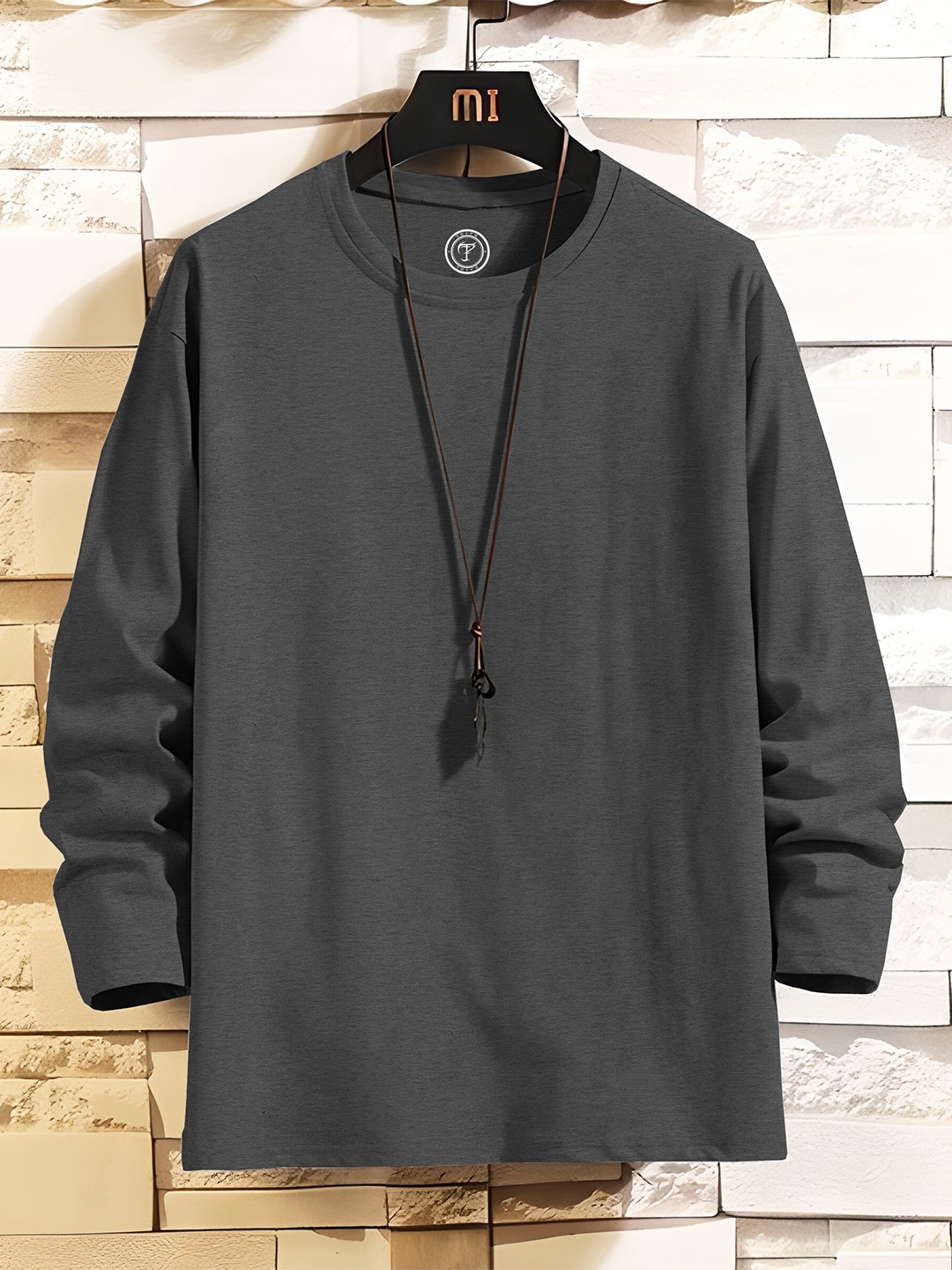 

TRIPR Round Neck Long Sleeves Cotton T-shirt, Charcoal