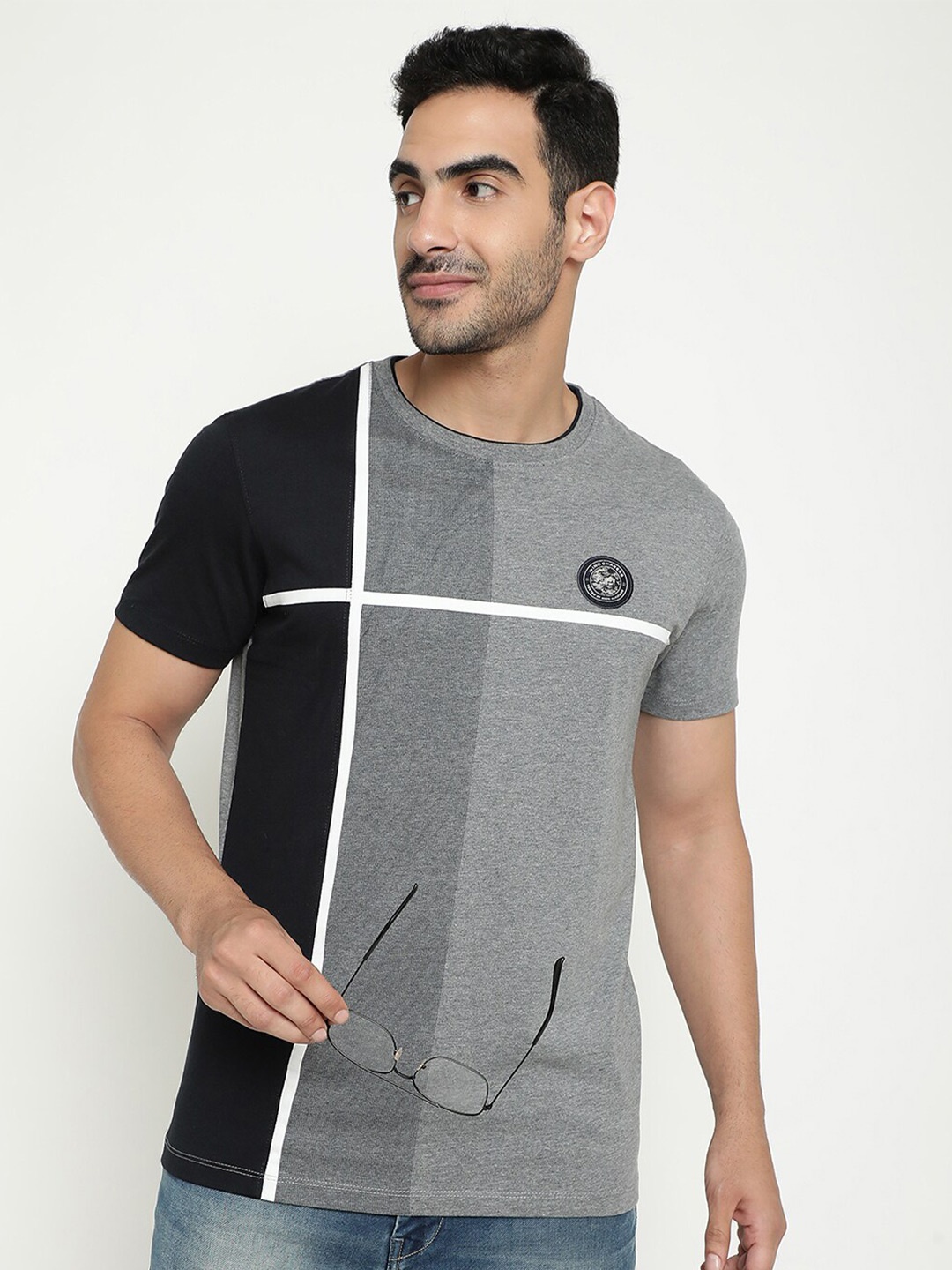 

Octave Colourblocked Round Neck Cotton T-shirt, Grey