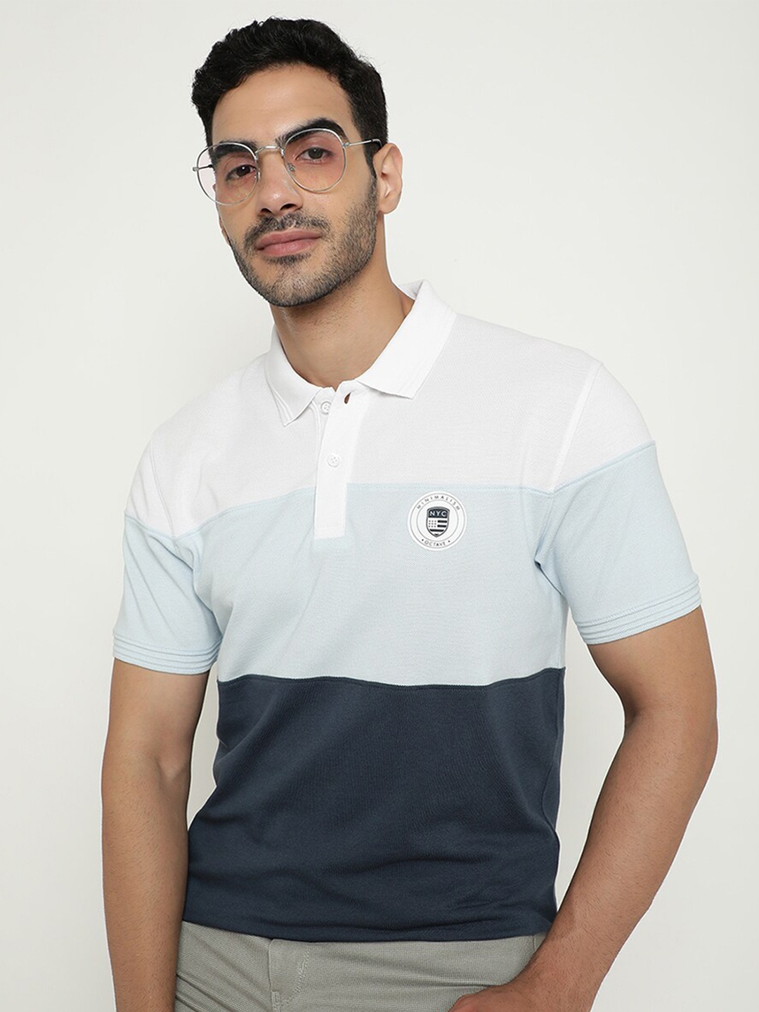 

Octave Colourblocked Polo Collar Cotton T-shirt, Blue