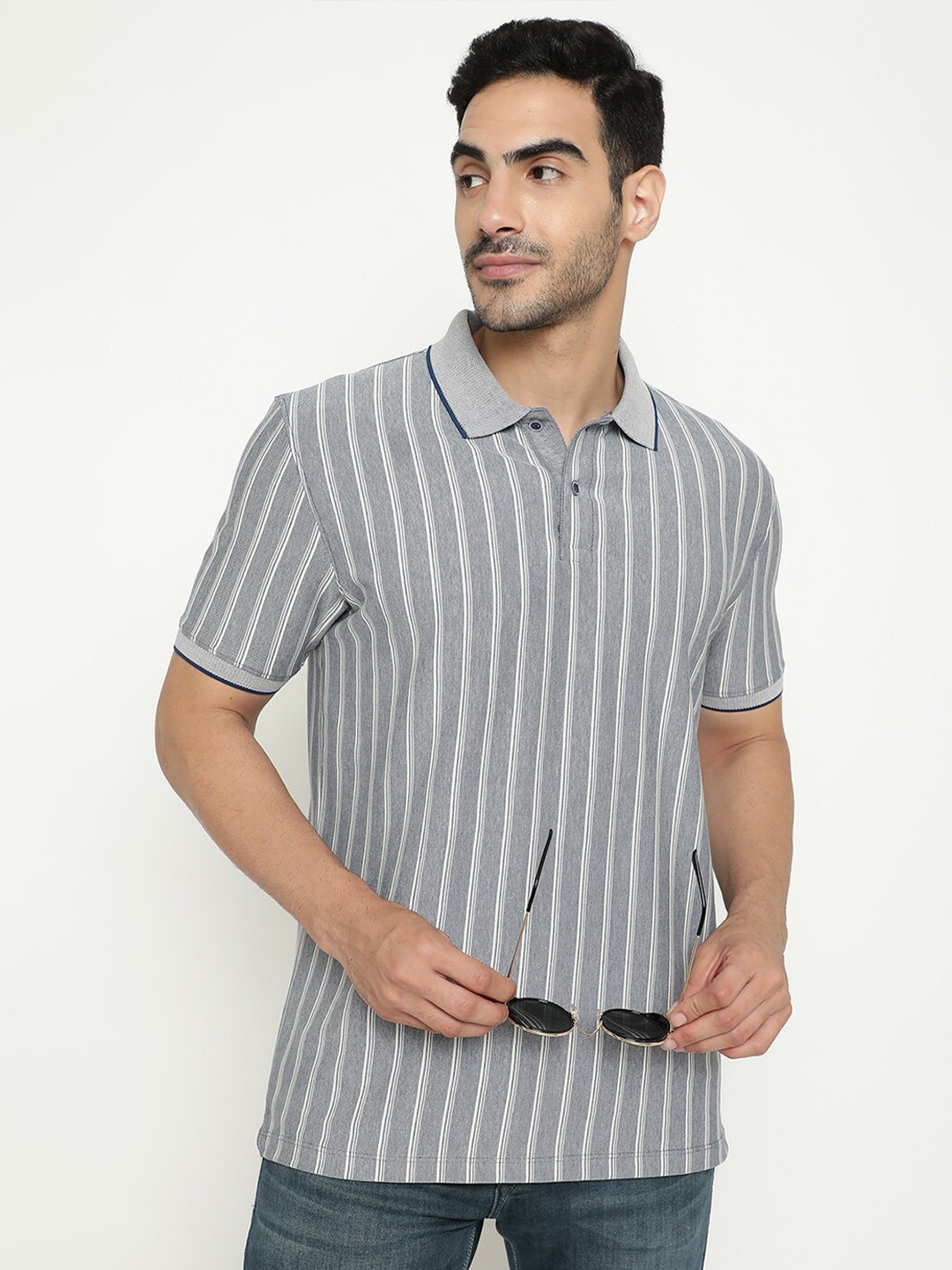 

Octave Striped Polo Collar Cotton T-shirt, Blue