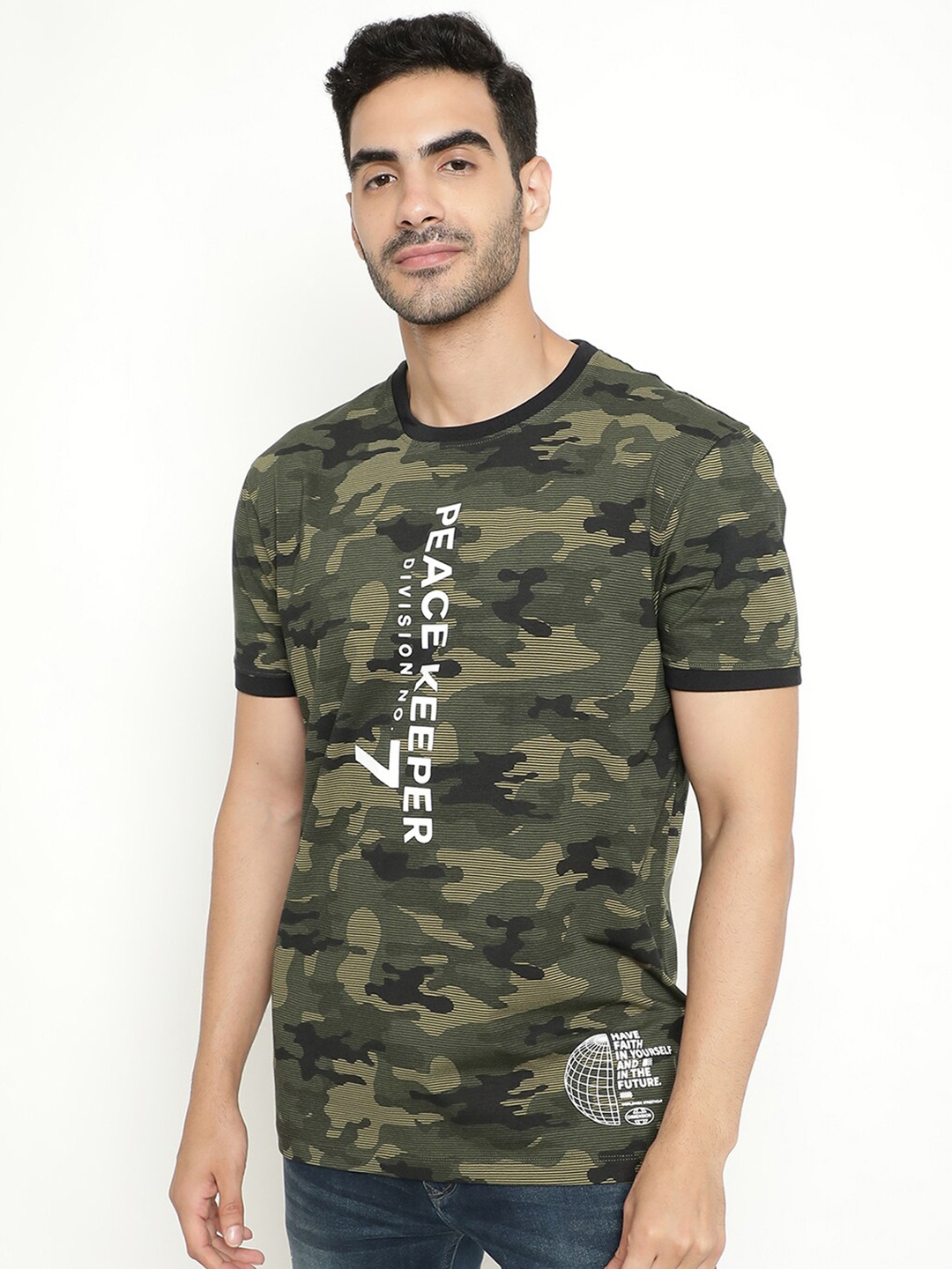 

Octave Camouflage Printed Cotton T-shirt, Olive