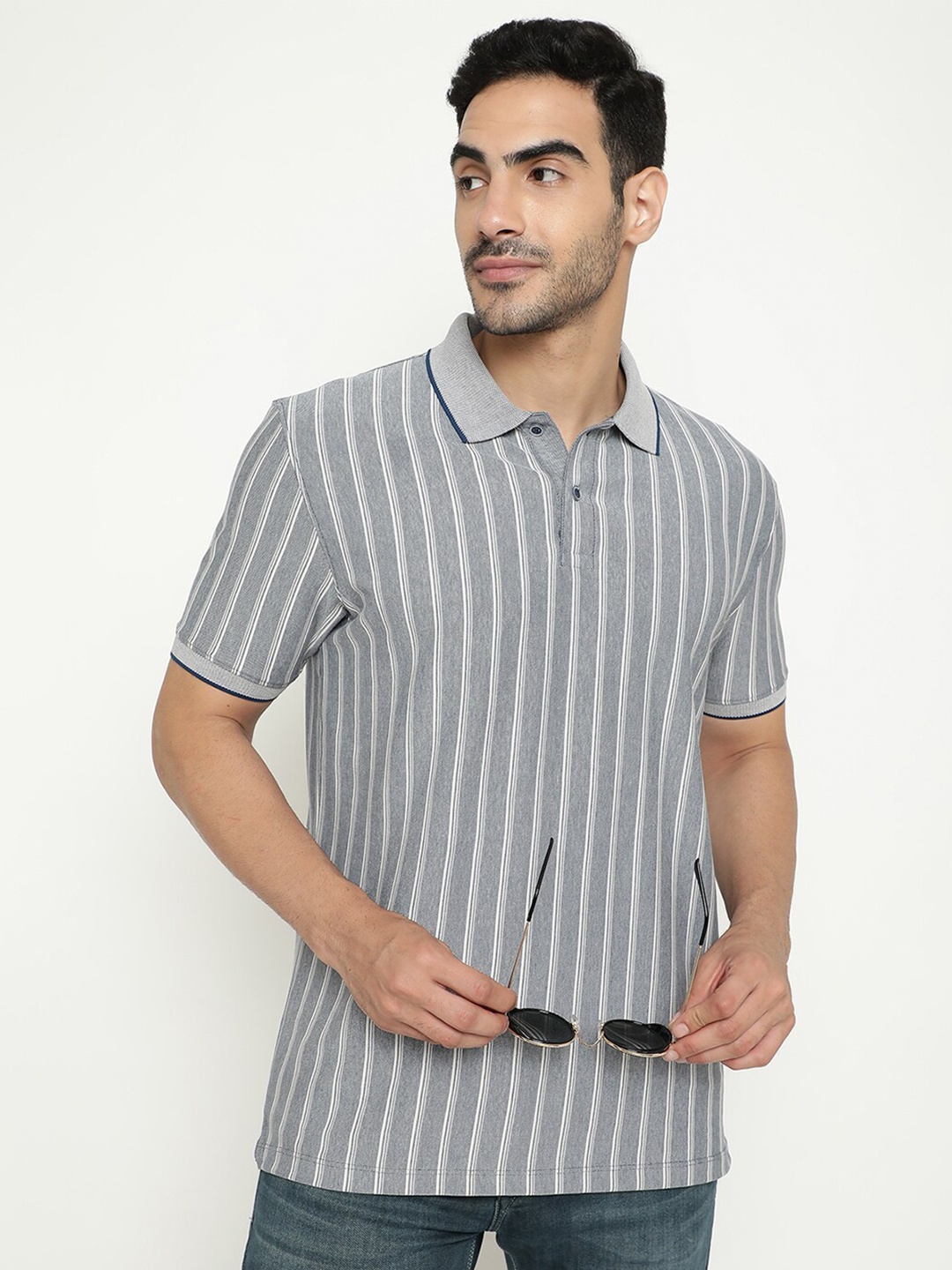 

Octave Striped Polo Collar Cotton T-shirt, Blue