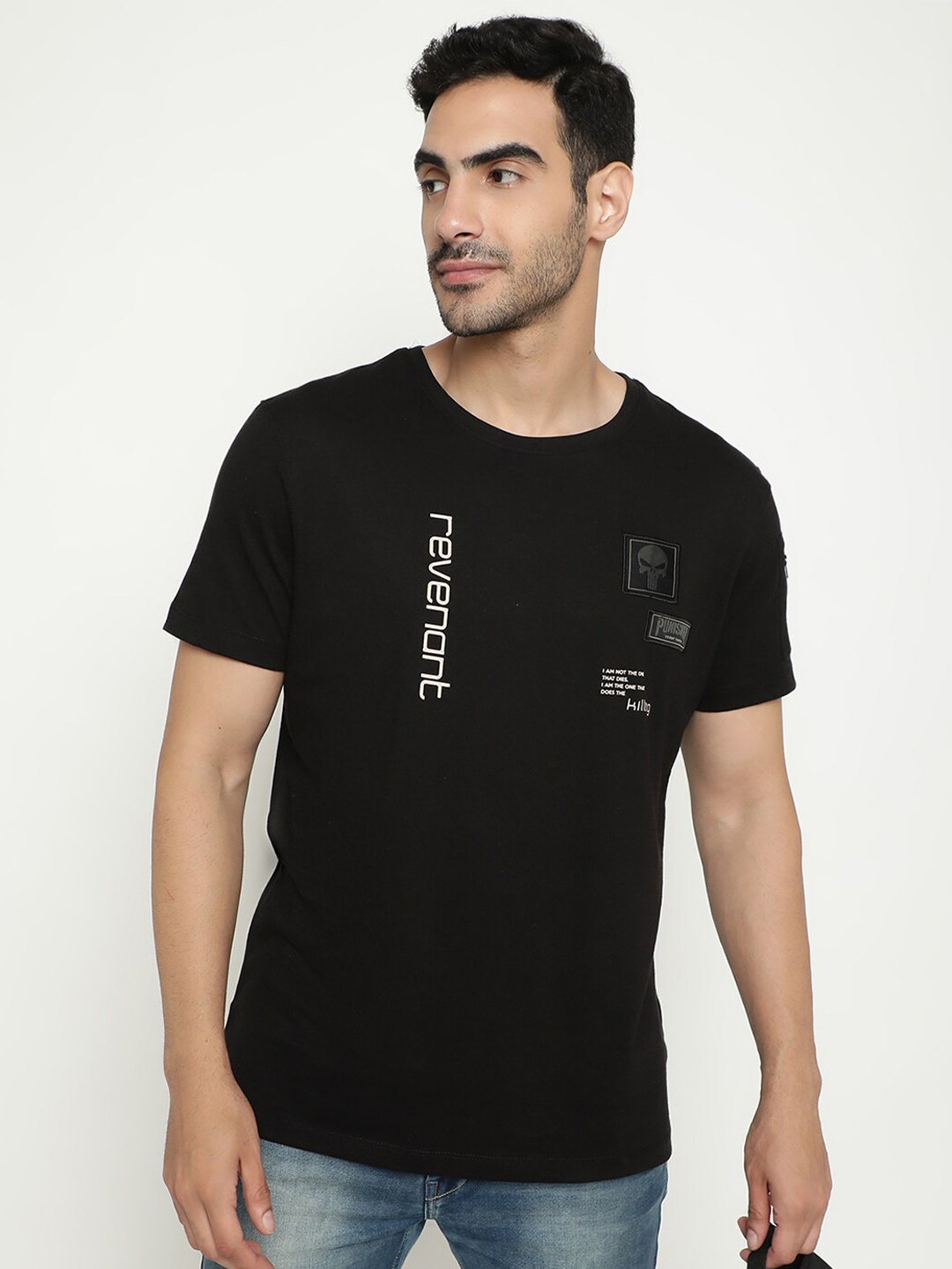 

Octave Round Neck Punisher Printed Cotton T-shirt, Black