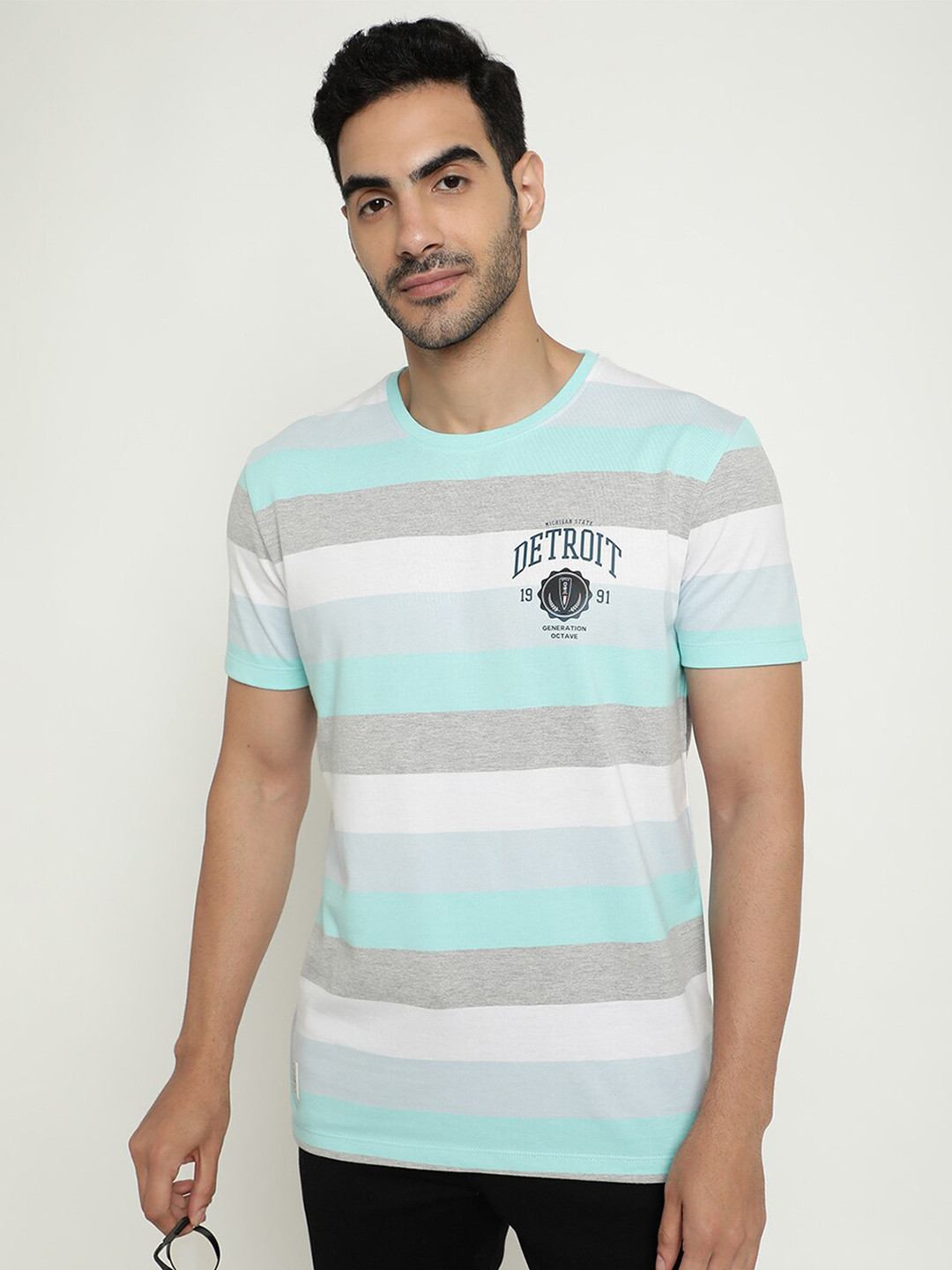 

Octave Striped Round Neck Cotton T-shirt, Green