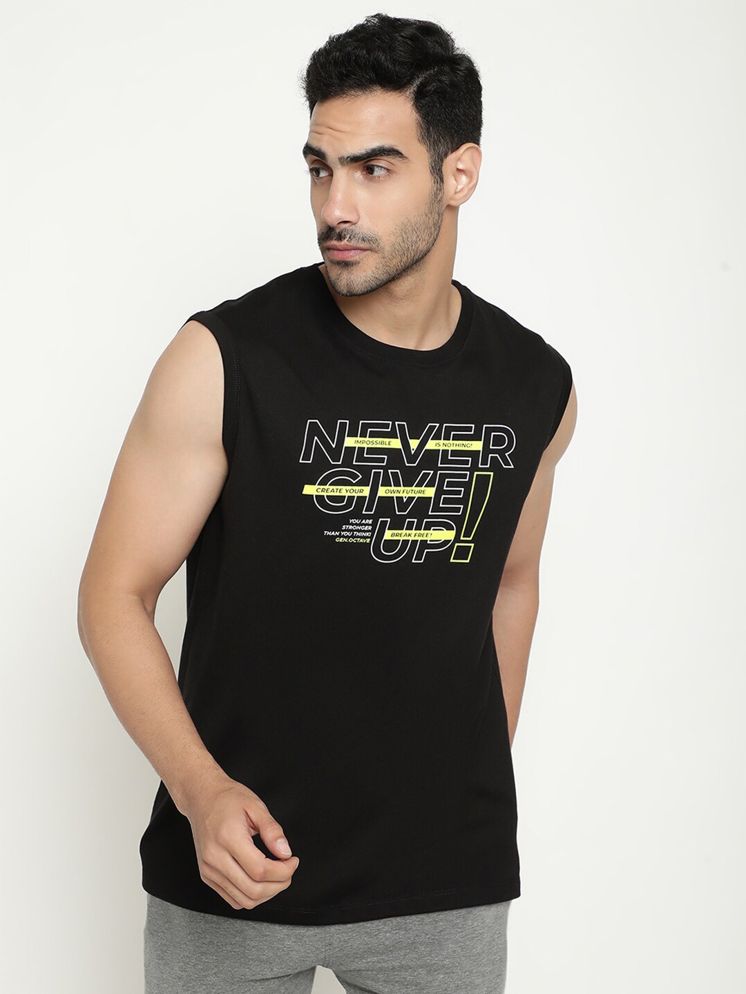 

Octave Typography Printed Sleeveless Cotton T-shirt, Black
